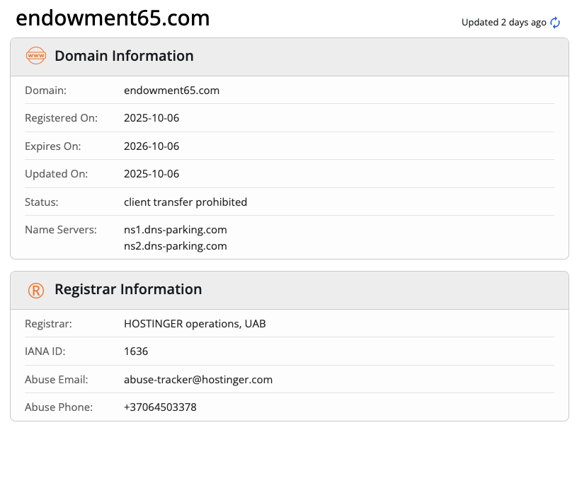 Endowment65 scam domain information